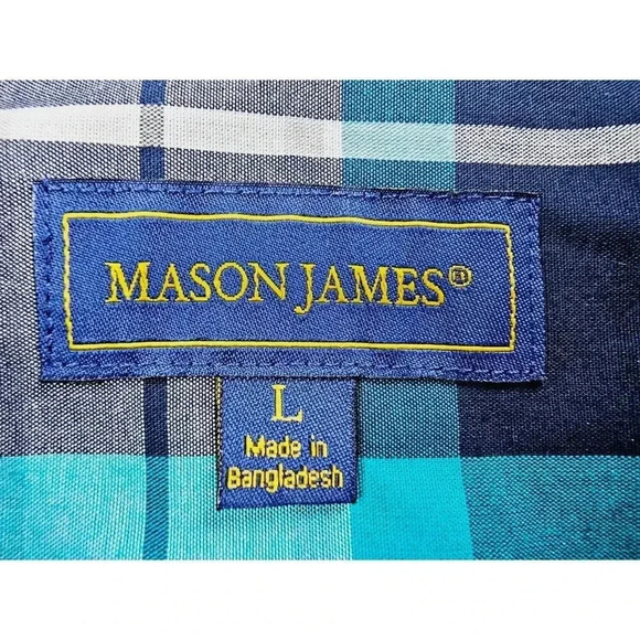 Mason James Size Large Men's White Aqua Gray Blue Check Button Down Pocket Shirt - Picture 4 of 10